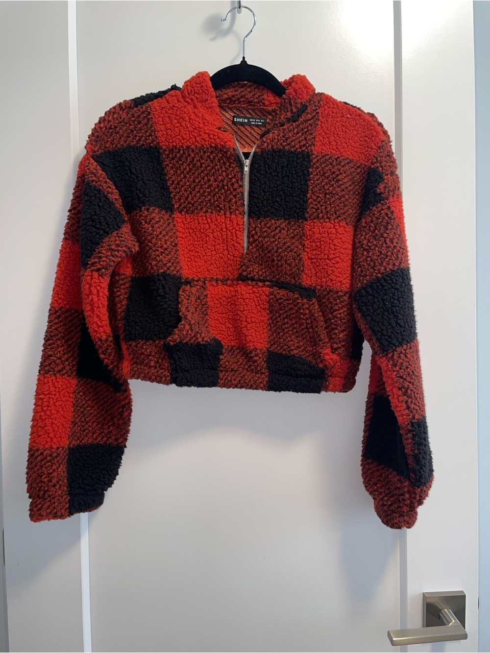 Orange and Black Buffalo Plaid Sherpa Half-Zip Sweater